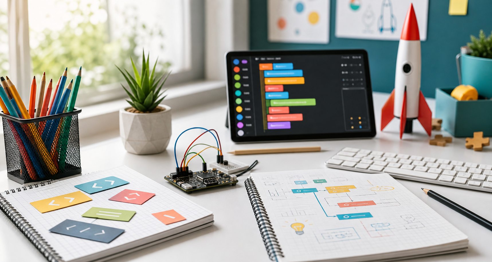 Creative coding workspace with notebooks, code cards, and maker tools